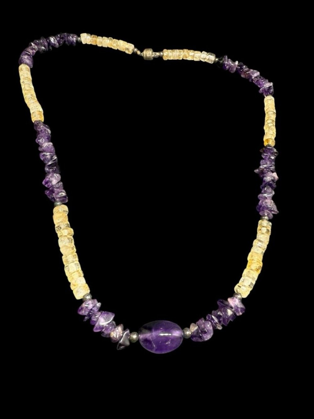 Vintage Amethyst Citrine Multi Gemstone Beaded Necklace 17.5” Magnetic Clasp
